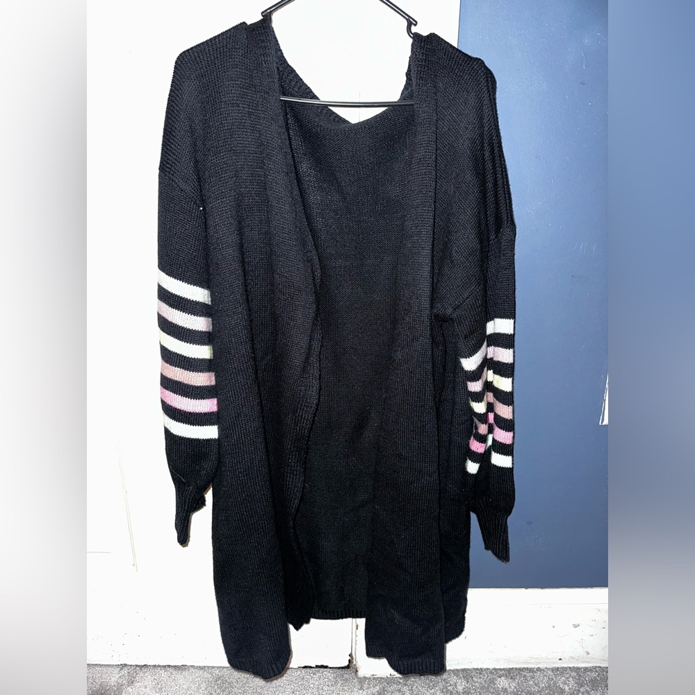 Open Front Cardigan with Striped Sleeves